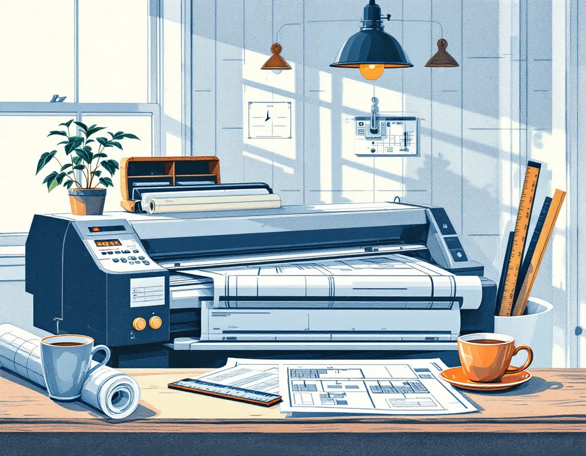Illustration of the Ellsworth and Vance counter with a plotter printing a permit sheet and rolled plans beside it