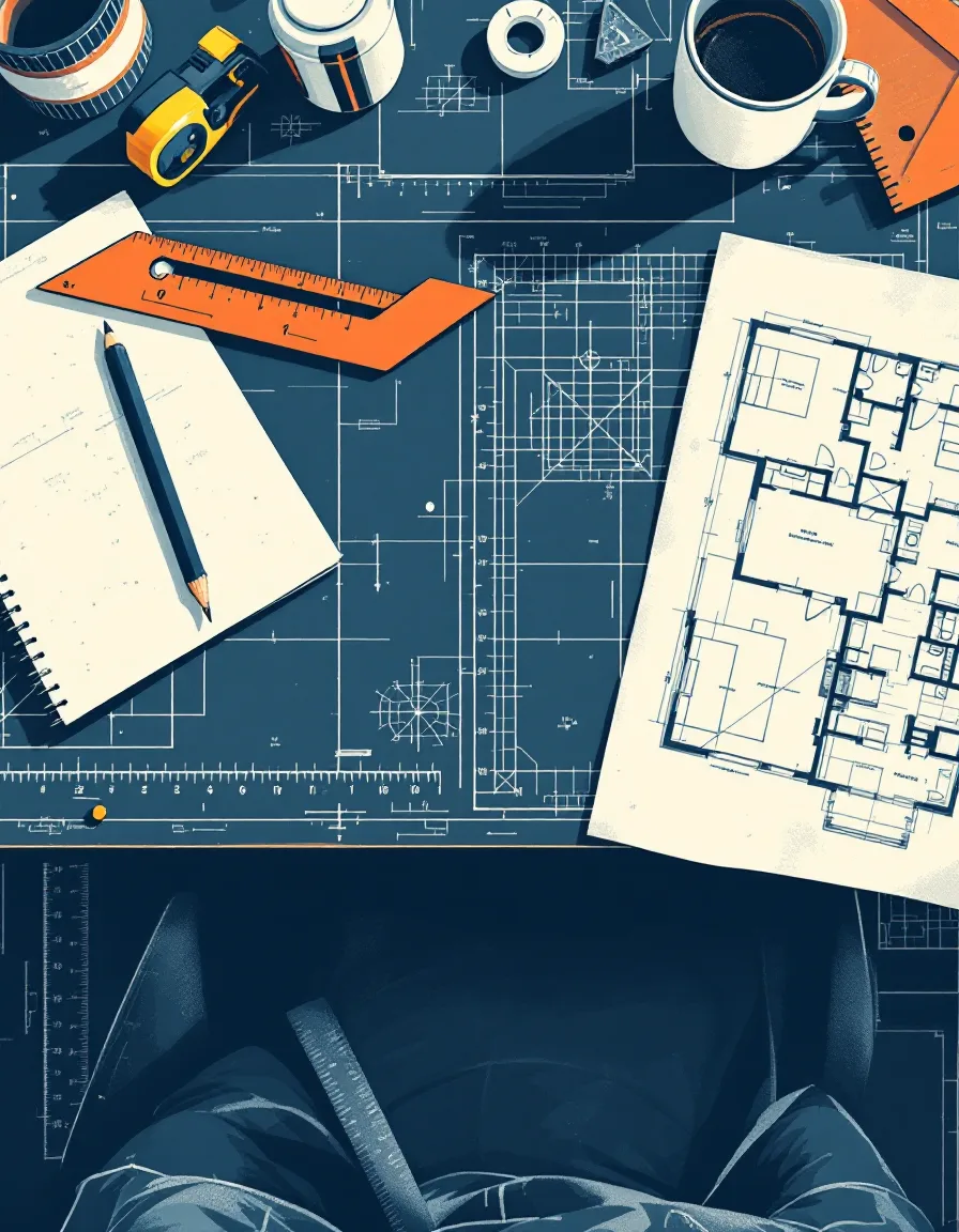 Illustration of a drafting desk with a half-finished floor plan, scale ruler and tape measure