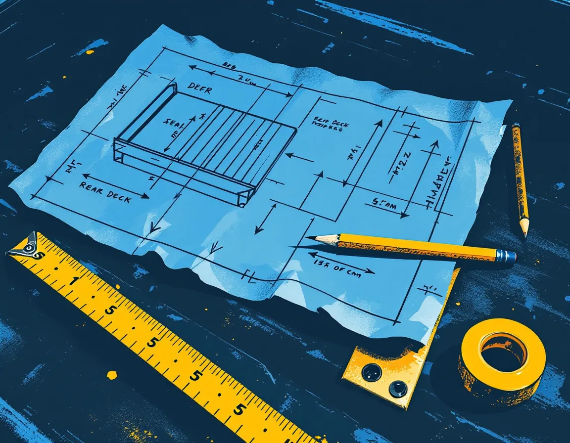 Illustration of a crumpled graph-paper deck sketch with scribbled dimensions beside a carpenter pencil and tape measure